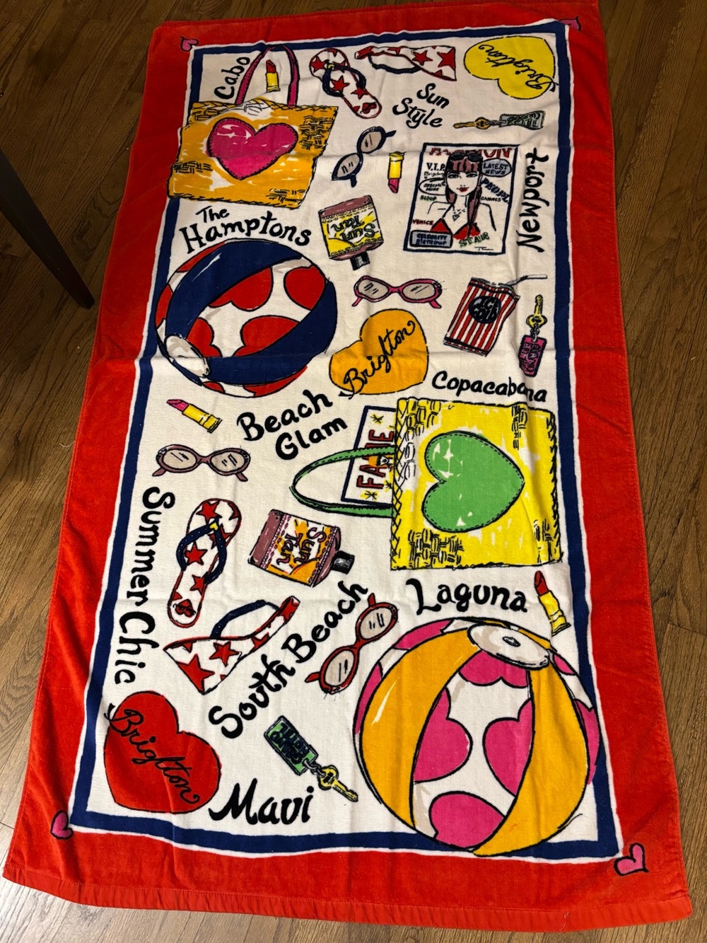 Brighton Multicolor Beach Towel with Red Border and Pink, Yellow & Green Accents